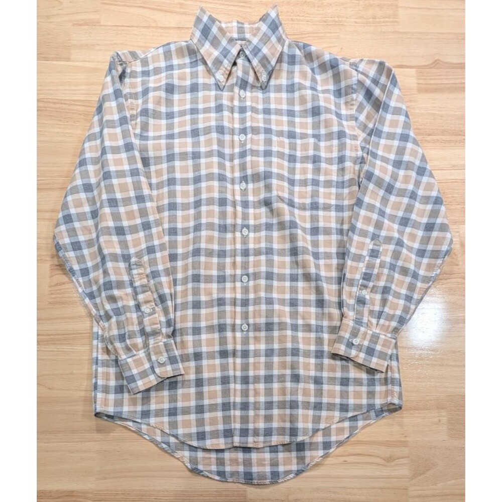 Lands' End Direct Merchants Plaid Shirt Men 15-32 Tan Gray Cotton Button Down